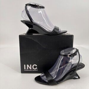 I.N.C. Zeldaa Black Open Toe Wedge Sandals Size 7.5M Buckle Ankle Strap Mid Heel